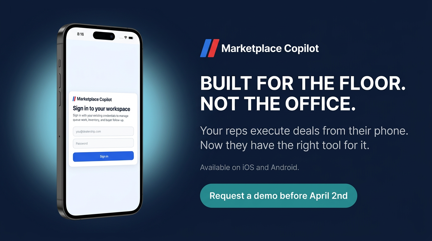 Marketplace Copilot mobile app showing rep posting, inbox, and Marketplace workflows
